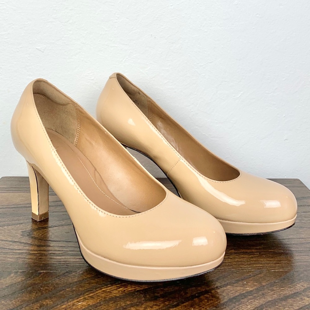 Clarks Patent Nude Beige Platform Pumps